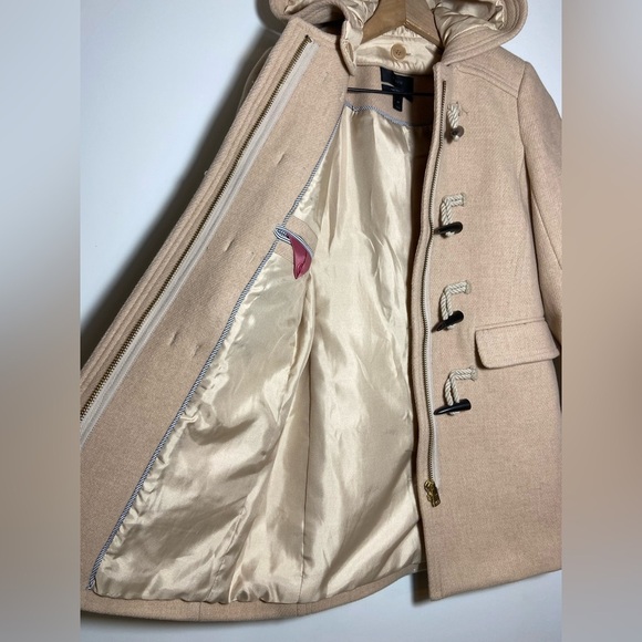 $350-J.Crew the 2007 Italian stadium-cloth wool toggle Hood coat BEIGE Sz 0P - Picture 4 of 9